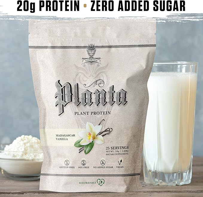 Ambrosia Planta - Plant-Based Protein Powder 20g | Dairy Free Vegan Protein Powder with BCAA Amino Acids | Keto-Friendly No Added Sugar | 25 Servings | Vanilla