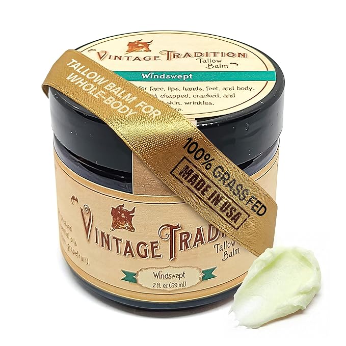 Vintage Tradition Beef Tallow All Purpose Balm - Healing Hydrating Weather-Protecting Skin Care Salve Replaces Body Lotion Hand Cream More - Essential Oil Olive Oil and Grass-Fed Tallow 2 fl oz.