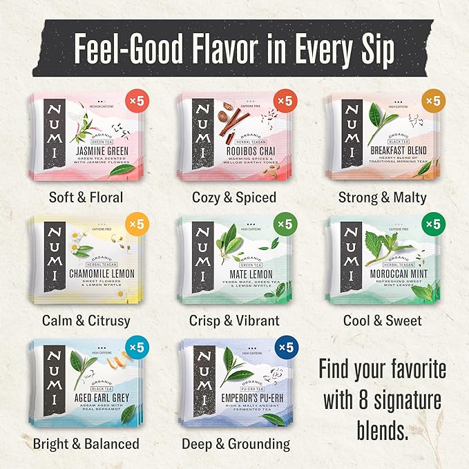 Numi Organic Tea By Mood Gift Set 40 Tea Bag Assortment Premium | Organic Black | Pu-erh | Green | Maté | Rooibos &amp Herbal Teas