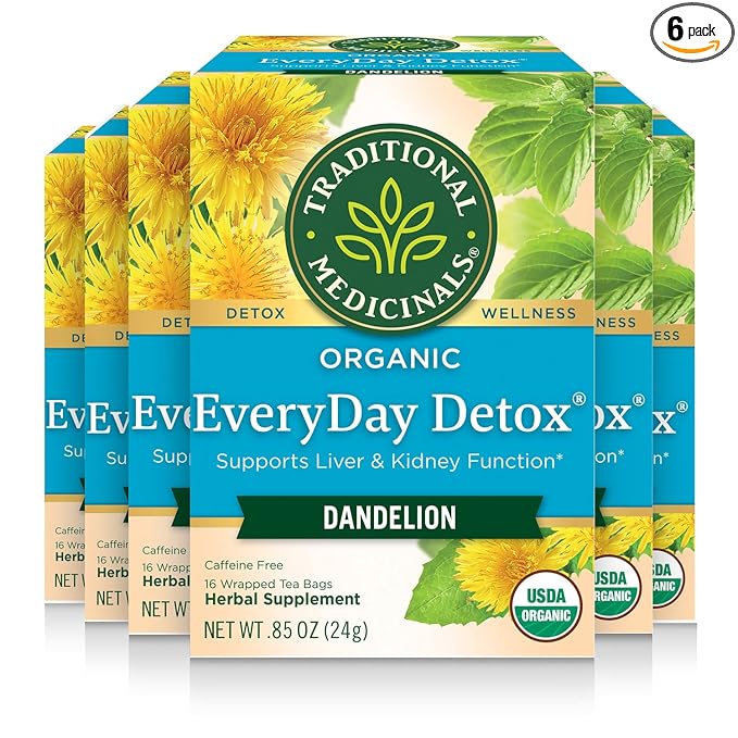 Traditional Medicinals Tea Organic EveryDay Detox Dandelion - Supports Healthy Liver &amp Kidney Function Detox - Kosher Non-GMO Caffeine-Free - 96 Tea Bags (6 Pack)