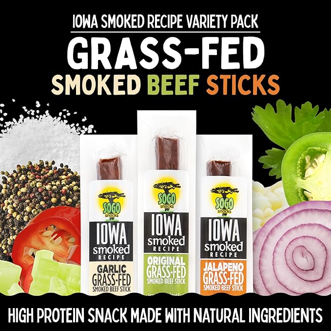 Beef Jerky Variety Pack Iowa Smoked Recipe 3 Flavors No Sugar Non-GMO 100% Grass Fed Beef Sticks. No Nitrates Gluten Soy MSG Dairy or Nuts. Paleo Whole30 and Keto Snack. Low Calorie High Pro