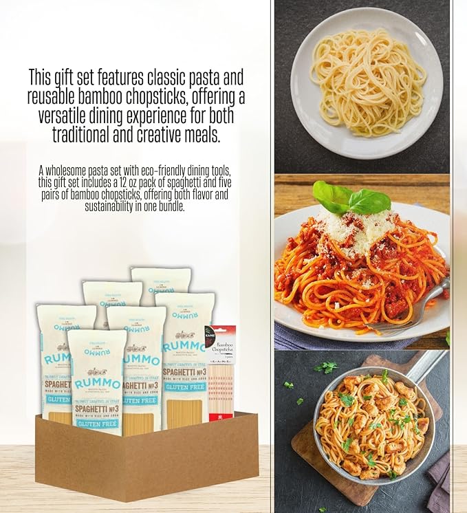 6x Rummo Pasta Spaghetti 12 OZ Bundle with Bamboo Chop Stck Pair – Slow-Dried Durum Wheat Spaghetti with Eco-Friendly Utensils for Cooking or Serving – Gift Set (7 Items)