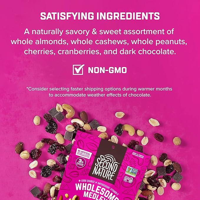 Second Nature Wholesome Medley Trail Mix - 12 Count 2.25 oz Individual Snack Packs Certified Gluten-Free – Dark Chocolate Dried Fruit and Nut Trail Mix Ideal for Travel Snacks