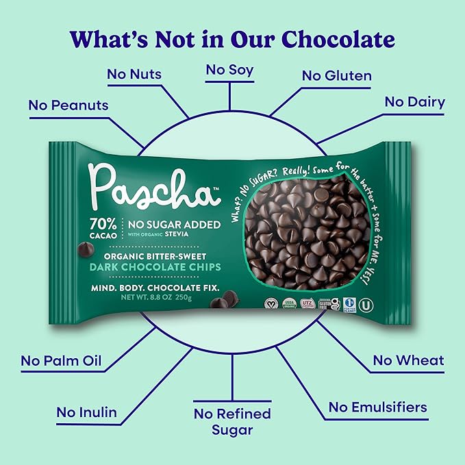 Pascha Organic 70% Cacao Baking Chips - Sugar-Free Dark Chocolate - Keto Vegan Bittersweet Chips with Organic Stevia &amp Erythritol - Rainforest Alliance Certified - Allergen-Free (Pack of 6)