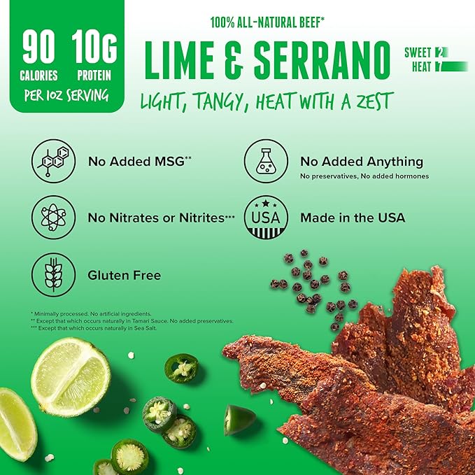 BAJA BEEF Vida Lime &amp Serrano Pepper Beef Jerky - Sweet and Spicy Beef Jerky Snack Packs Healthy Gluten-Free All-Natural No MSG Made in the USA - 2.5 Oz Bags (Pack of 4)
