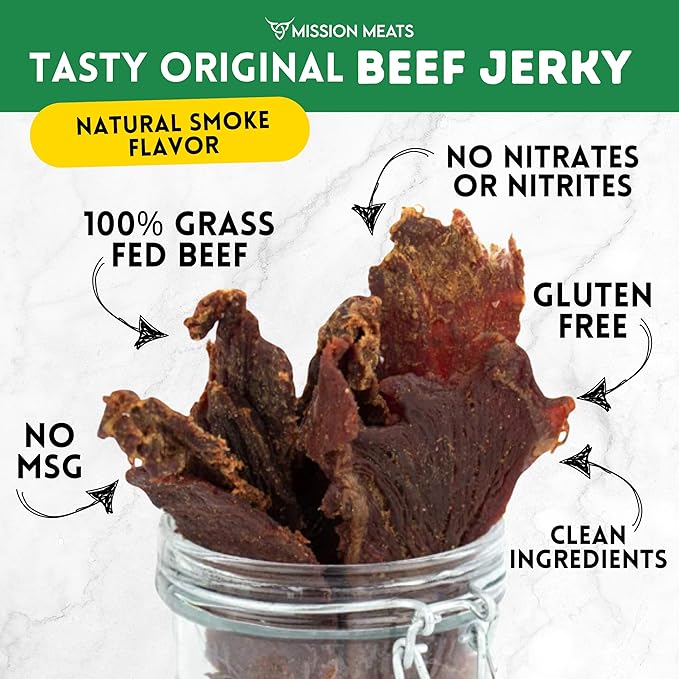 Mission Meats Beef Jerky Original 100% Grass Fed Beef 10g Protein per Serving Delicious &amp Tender – Paleo Keto Carnivore &amp Whole 30 Friendly 2oz Bags (Pack of 3)