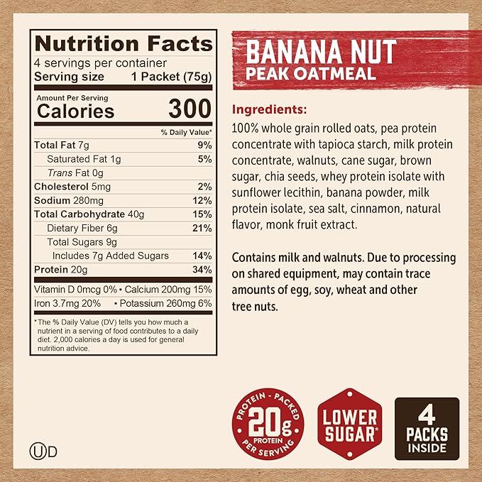 Kodiak Cakes Peak Instant Oatmeal Packets Banana Nut High Protein100% Whole Grains 6 box with 4 packets each (Total of 24 packets)
