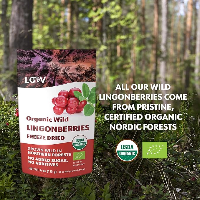 Organic Whole Lingonberries – Freeze-Dried Wild Nordic Superberry Traditional Scandinavian–Swedish Food – Pure 100% Natural Non-GMO &amp No Added Sugar – 4oz (34 Servings)