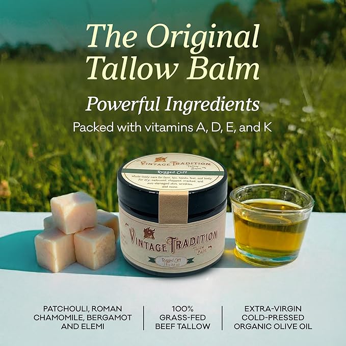Vintage Tradition Beef Tallow All Purpose Balm - Healing Hydrating Musk Skin Care Salve Replaces Body Lotion Hand Cream More - Essential Oil Olive Oil and Grass-Fed Tallow 2 fl. oz.