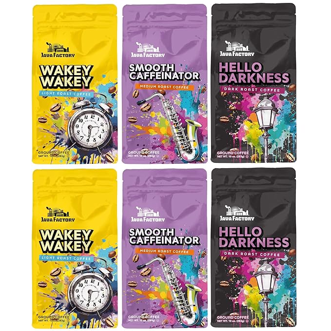 Java Factory Ground Coffee - Super Flavored Coffee Variety Pack 100% Arabica Beans Smooth Flavor Premium Coffee Bag Rich Taste 10 Ounce (Pack of 6)