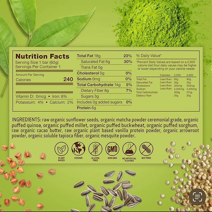 Rawmantic Matcha Protein Bar (12 Mini Bars x 60g) – Ceremonial Grade Matcha Soluble Tapioca Fiber Puffed Quinoa Millet &amp Buckwheat - No Artificial Flavors Plant-Based Non-GMO &amp Kosher