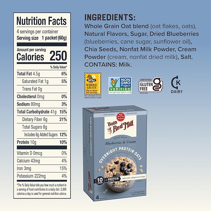 Bob's Red Mill Overnight Protein Oats Blueberries &amp Cream 16 Packets Total Non-GMO Gluten Free Whole Grain
