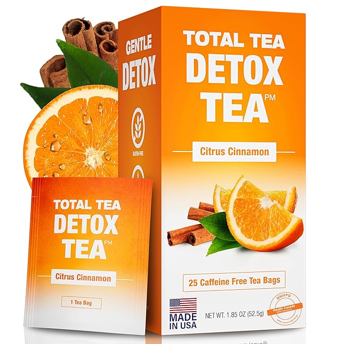 Total Tea SIimming Detox Tea Caffeine Free - 25 Day Detox - Herbal Tea with Chamomile Hibiscus Tea &amp Ginger Root for Colon Cleanse – Natural Citrus &amp Cinnamon Fruit Tea for Digestive Health