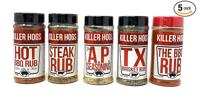 Killer Hogs Barbecue Rub Variety Pack - Hot BBQ Steak Rub A.P. Seasoning Texas Brisket Rub and Original BBQ Rub - Pack of 5 Bottles - 59 oz Total - Bulk Killer Hogs BBQ Rub
