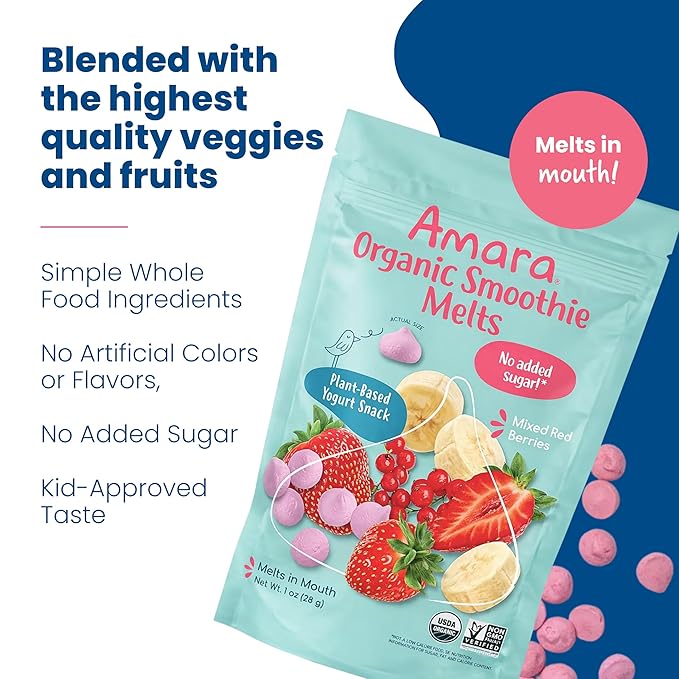 Amara Smoothie Melts - Mixed Red Berries - Baby Snacks Made With Fruits and Vegetables - Healthy Toddler Snacks For Your Kids Lunch Box - Organic Plant Based Yogurt Melts - 6 Resealable Bags