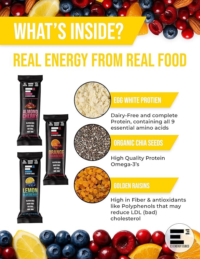 E3 Energy Cubes- Fruit Fanatic Variety Pack - Almond Cherry Orange Cranberry &amp Lemon Blueberry Refrigerated Protein Bars - 66g Protein Per Bar | Gluten Free Dairy Free Soy Free Non-GMO No Ar
