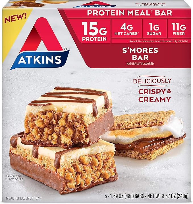 Atkins S’mores Protein Meal Bar High Fiber 1g Sugar 4g Net Carbs Meal Replacement Keto Friendly 30 Count
