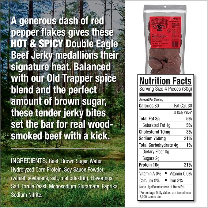 Old Trapper Double Eagle Beef Jerky Hot &amp Spicy Flavor 21 Ounce Package Natural Wood Smoked Meat Snacks 10 Grams of Protein and 80 Calories per Serving (Pack of One)