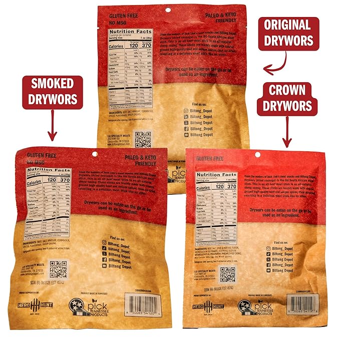Biltong Depot Drywors Variety Pack – Original Smoked &amp Crown | 3oz Bags (3 Pack) | Air-Dried Beef Snack Sticks | High Protein | Keto &amp Paleo Friendly | Zero Sugar | Gluten Free