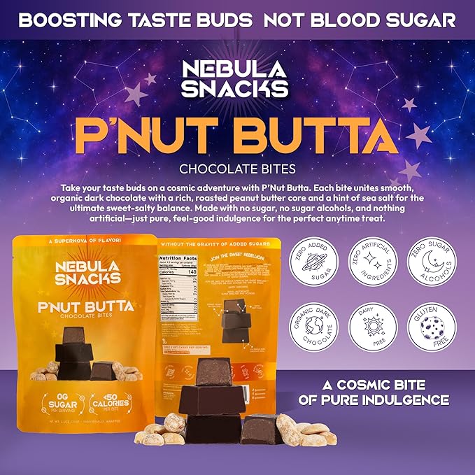 Nebula Snacks P’Nut Butta Chocolate Bites – Zero Sugar Dark Chocolate Bites with Creamy Peanut Butter &amp Sea Salt Core Non-Glycemic Keto-Friendly Dairy-Free and Gluten-Free – 3 Pack
