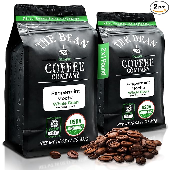 The Bean Organic Coffee Company Peppermint Mocha Medium Roast Whole Bean Coffee 16-Ounce Bags (Pack of 2)