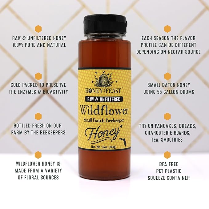 HONEY FEAST Wellness Trio Honey Gift Set - Includes 12oz Allergy Blend Wildflower and Orange Blossom Honey - Perfect for Tea Gourmet Dishes and Gifting