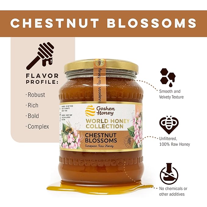 Goshen World Honey Collection - Chestnut Blossoms from Greece - Raw Rare and Sustainable Floral Sources - Derived from Natural Flower Nectar with Antioxidants - Nature's Sweetener - 32oz
