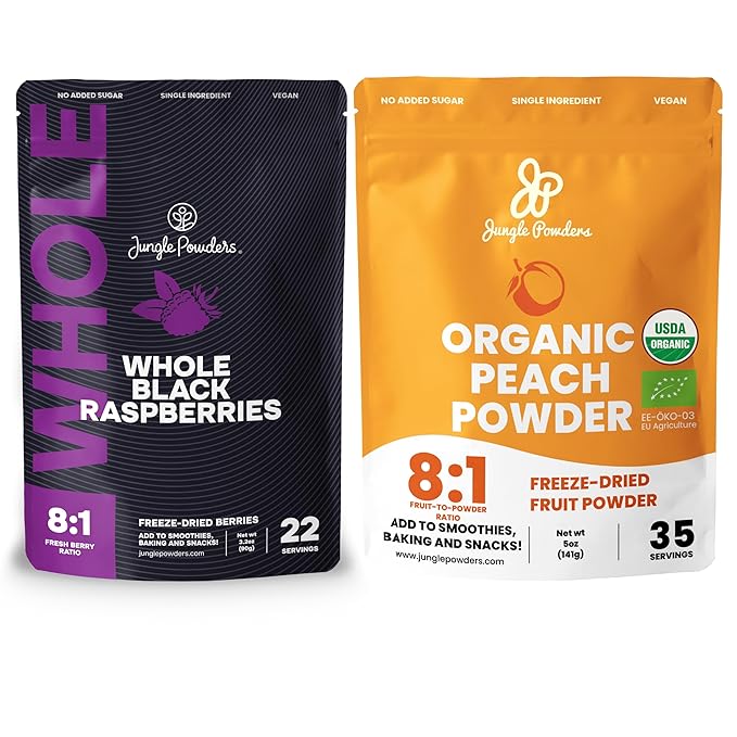 Jungle Powders Whole Black Freeze Dried Raspberries 3.2oz &amp Organic Peach Powder 5oz - No Sugar Added 100% Real Fruit for Healthy Snacks Smoothies Baking Desserts &amp Natural Flavoring