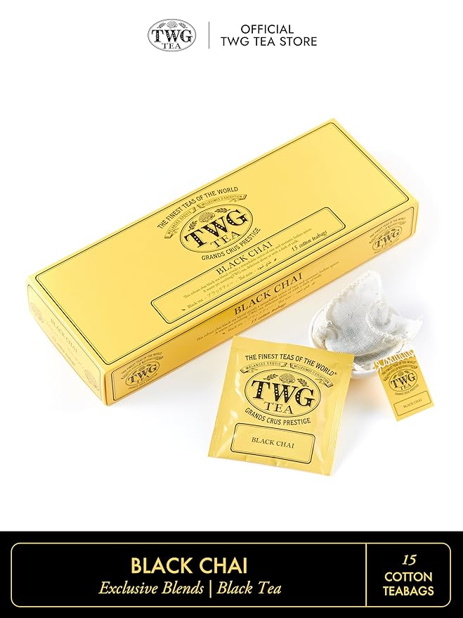 TWG Tea | Black Chai | Black Tea | Aromatic Indian Spices | 15 Hand Sewn Cotton Teabags | Gift Set