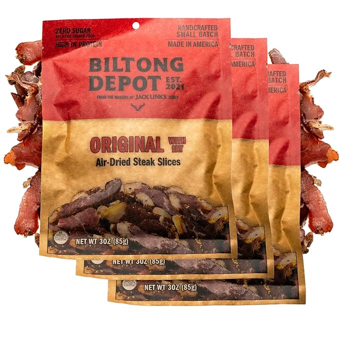 Biltong Depot Original Beef Biltong Slices with Fat Bundle - 3oz (3 Pack) | Air-Dried Beef Jerky Snack | High Protein | Zero Sugar | Keto &amp Paleo Friendly | Gluten Free | No Artificial Preservativ