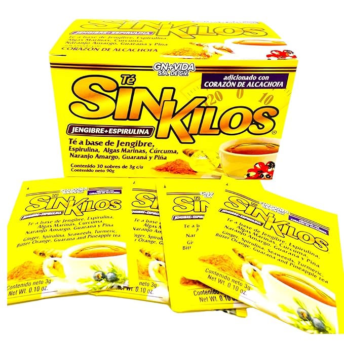 SinKilos Tea GN+Vida Cleansing Tea with Ginger Spirulina Turmeric Artichoke Orange and Pineapple Healthy Digestive Formula Caffeine Free All Natural Te Panza y Grasa Herbal | 2 Pack 60 Total