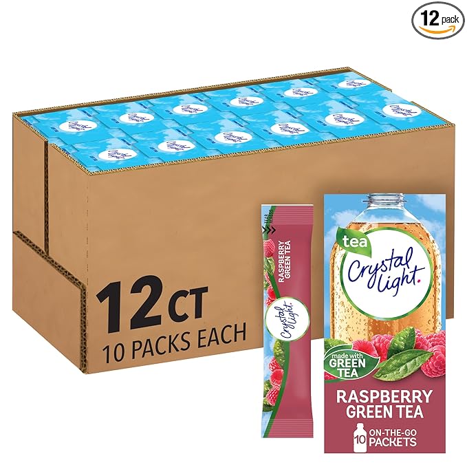 Crystal Light Raspberry Green Tea Naturally Flavored Powdered Drink Mix 120 ct Pack 12 Boxes of 10 On-the-Go-Packets