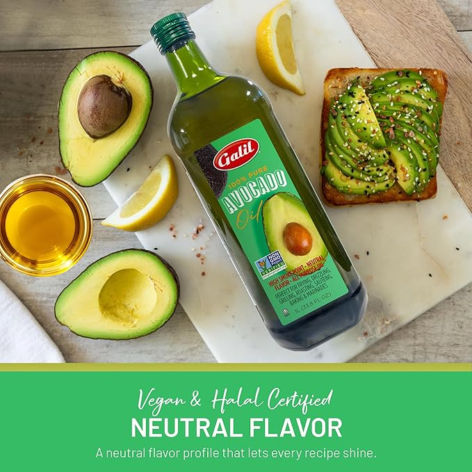 Galil 100% Pure Avocado Oil - High Smoke Point 500°F Non-GMO Vegan Halal Certified - Perfect for Cooking Baking Sautéing Dressings &amp Marinades Rich in Healthy Fats - 1 Liter Glass Bottle