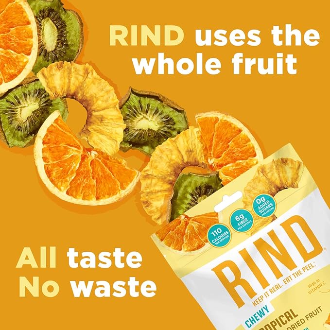 RIND Snacks | Tropical Blend | Bittersweet Orange Organic Pineapple &amp Tangy Kiwi | Dried Fruit Superfood | Chewy Snack | Fiber Rich | Vitamins A C &amp E | Paleo | Vegan | Fruit Snacks | 3 oz