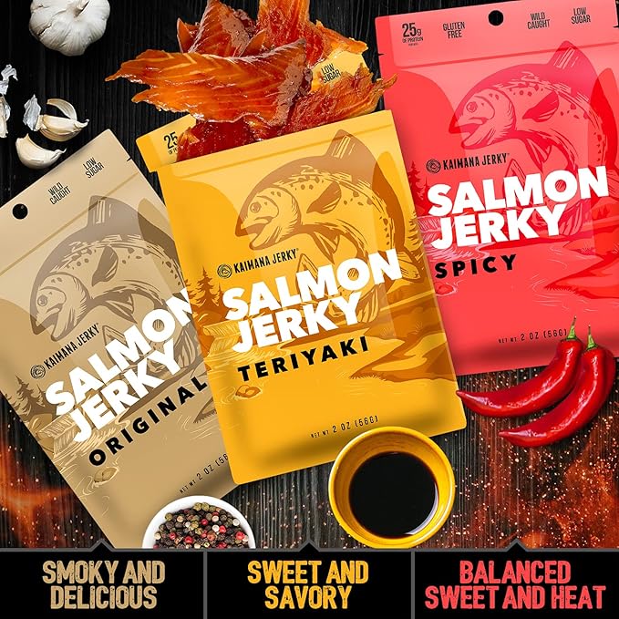 Kaimana Jerky Wild Caught Salmon Jerky - Organic Dried Fish Strips Rich in Omega-3 Protein - Low-Calorie Seafood Snack with No Gluten Less Sodium &amp Sugar - Original Teriyaki Spicy Flavors - 3-