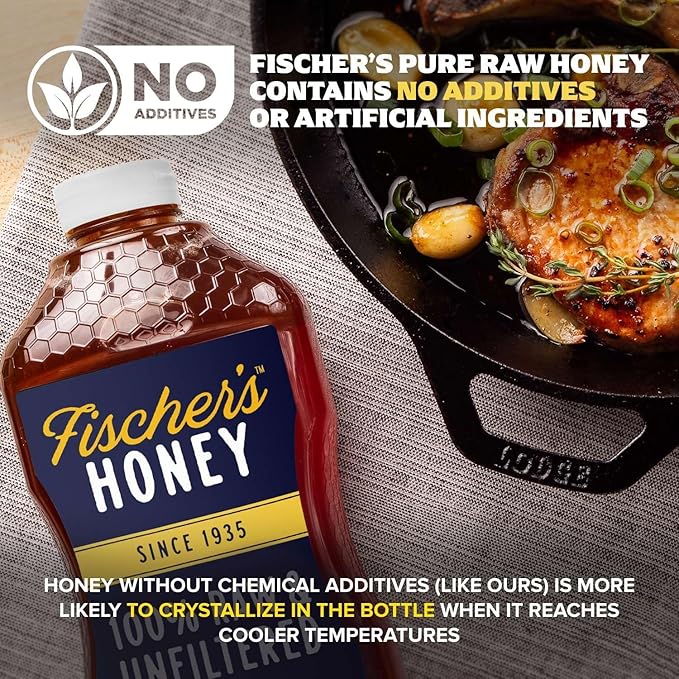 Fischer’s 100% Pure Raw &amp Unfiltered Honey – USA Made Honey – All-Natural Sweetener – Rich Flavor Profile Packed with Nutrients 40 oz (Pack of 2)