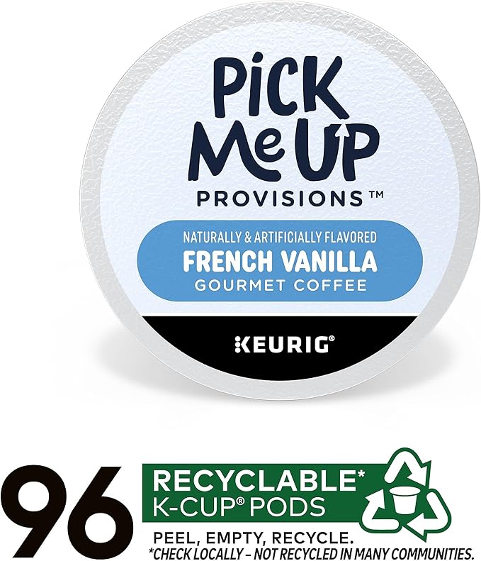 Pick Me Up Provisions French Vanilla Coffee - Light Roast K-Cup Pods 96 Count Keurig Compatible Arabica Kosher Recyclable