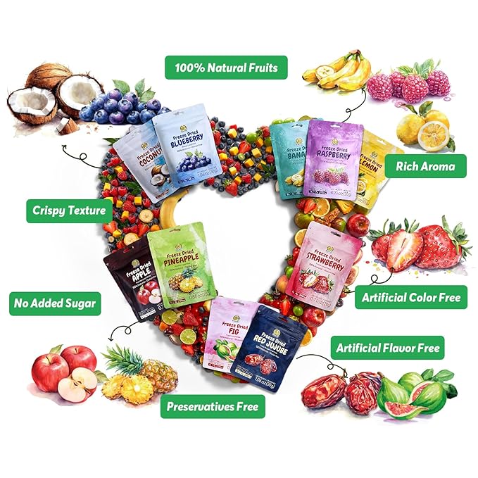 SUNGIVEN Mixed Freeze-Dried Fruit Variety Pack of 12 Bag Health Snack Freeze Dried Apple Banana Strawberry Blueberry Raspberry Coconut Mango Pineapple No Sugar Added 10.2 oz