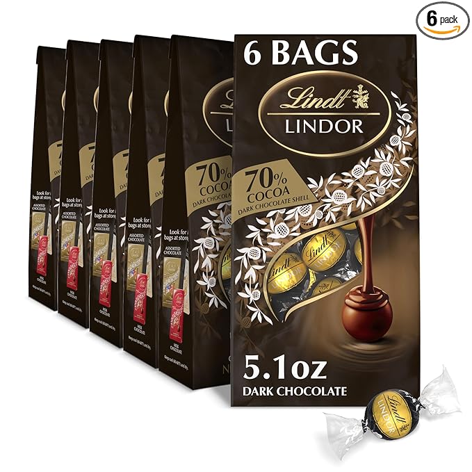 Lindt LINDOR 70% Extra Dark Chocolate Truffles Dark Chocolate Candy with Smooth Melting Truffle Center Great for Gift Giving 5.1 oz. Bag (6 Pack)