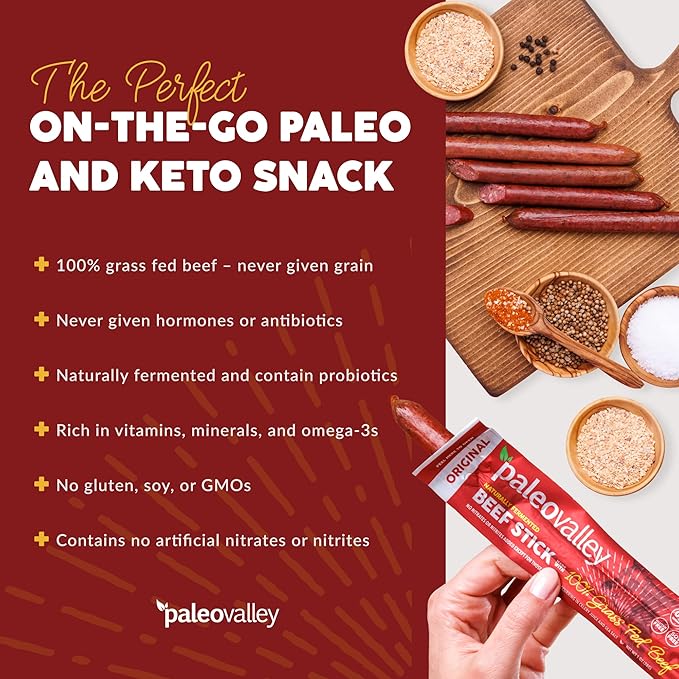 Paleovalley 100% Grass Fed Beef Bone Broth Protein Powder &amp Beef Sticks Bundle - Collagen Peptides for Hair Skin Gut Joint Support High Protein Keto-Friendly Gluten-Free