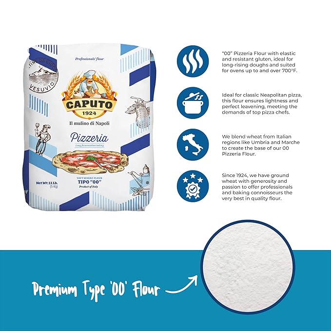 Antimo Caputo Pizzeria Flour Blue 11 Pound (5Kg) Bag - Italian 00 Flour - Soft Wheat for Pizza Dough - Makes that Perfectly Elastic Chewy Crispy Bubble Neapolitan Pizza