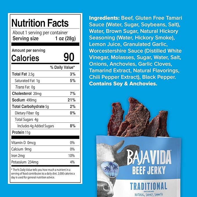 BAJA BEEF Traditional Beef Jerky - Sweet and Spicy Beef Jerky Snack Packs Healthy Jerky Gluten-Free All-Natural Beef No MSG Made in the USA - 2.5 Oz Bags (Pack of 4)