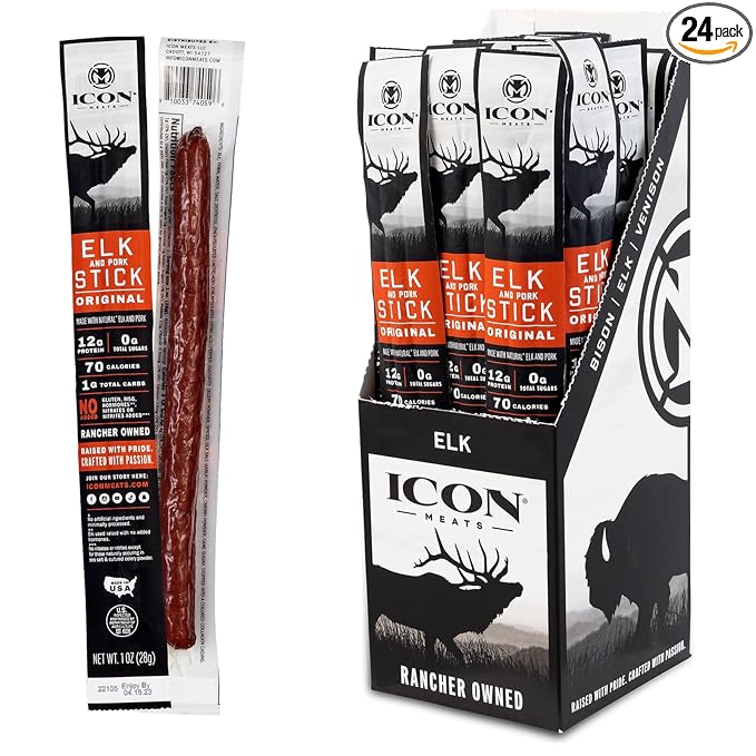 ICON Meats Elk and Pork Snack Sticks Original 24 Pack of High Protein Snacks Sugar Free Natural Jerky Meat Sticks Gluten Free USDA Inspected Made in the USA Gifts for Him