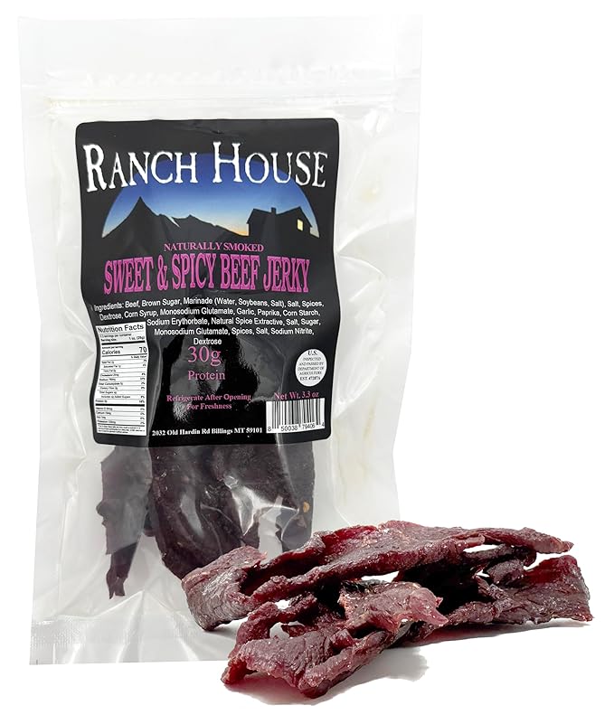 Ranch House Beef Jerky Sweet &amp Spicy Pack of 3 - Whole-Muscle Montana Beef Jerky Strips High Protein Snack