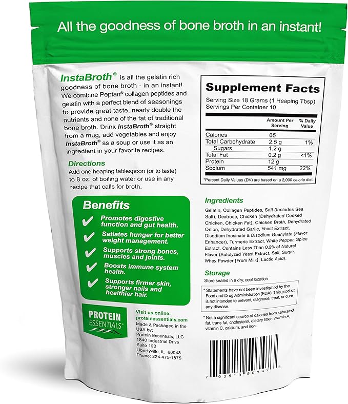 InstaBroth Bone Broth Powder with Grass Fed Pasture Raised Collagen and Gelatin 12g Protein (6.4oz) (Chicken Flavor)