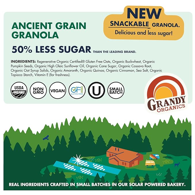 Grandy Organics Ancient Grain Granola - 6g Protein Snackable Granola Clusters - Whole Grain Low Sugar Gluten Free Non-GMO Certified Organic Healthy Snacks - Pack of 6