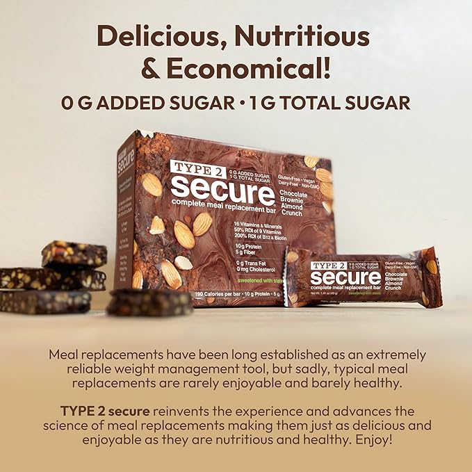 ANDREW LESSMAN Type 2 Secure Complete Meal Replacement Bars (Stevia) – Chocolate Brownie Almond Crunch – 36 ct box – 10g Protein 0g Added Sugar 16 Essential Vitamins &amp Minerals Gluten-Free Veg