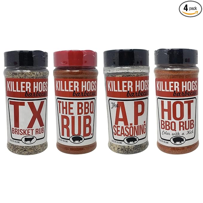 Killer Hogs Barbecue Rub Variety Pack - Hot BBQ Texas Brisket A.P. Seasoning and Original BBQ Rub - Pack of 4 Bottles - 48 oz Total - Bulk Killer Hogs Barbecue Seasoning