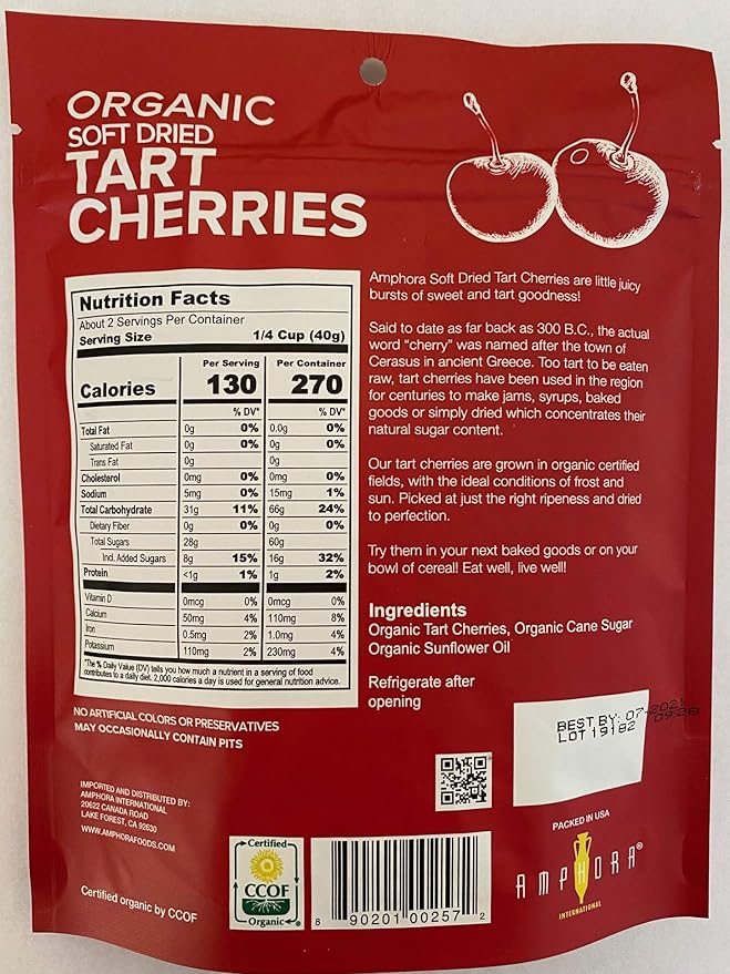 Amphora Organic Soft Dried Tart Cherries 3 oz (85gr) per pouch (Case of 6 pouches)…