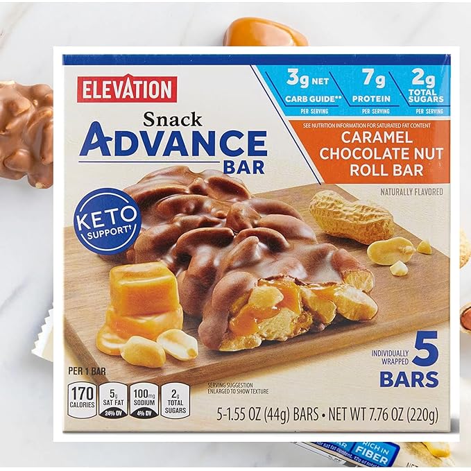 Elevation Caramel Chocolate Nut Roll Bar Snack Advance Bar Keto Support 7.76oz 220g (Two Boxes)